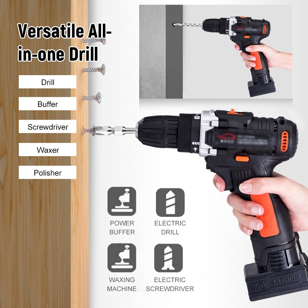 1350rpm Variable Speed Car Buffer Waxer Polisher 25V Cordless Drill/Driver Kit with Light Rechargeable for Car Furniture Beauty