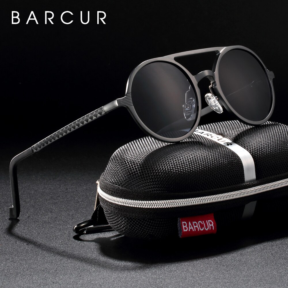 Barcur vintage aluminium magnesium solglass menn polariserte solbriller runde steampunk nyanser merkebriller