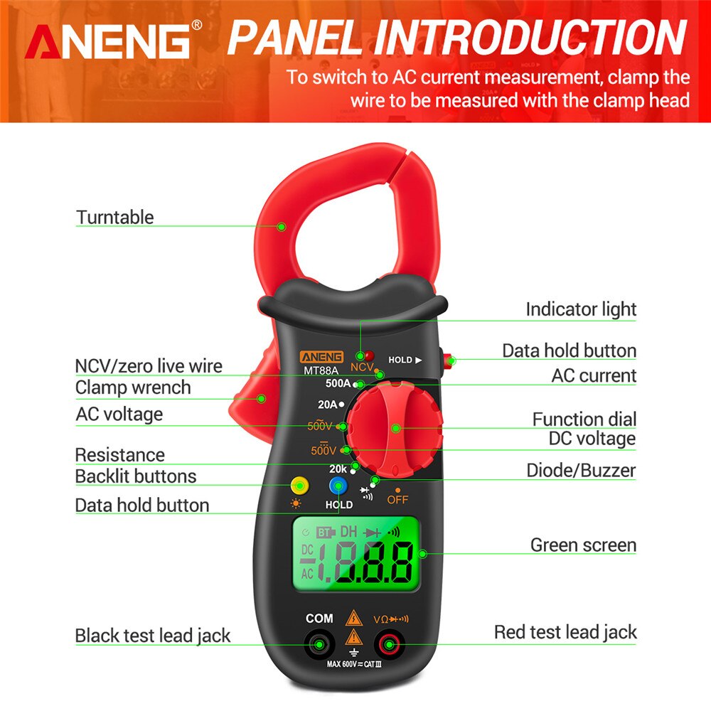 ANENG MT88A Digital Clamp Meter Multimeter DC/AC Voltage AC Current