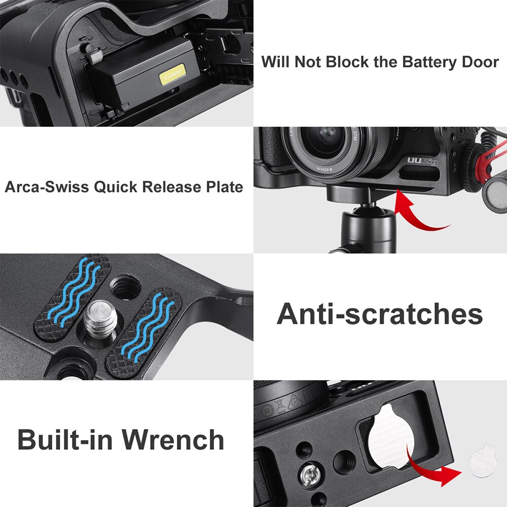 UURig Aluminum Alloy Camera Cage with Cold Shoe Arri Positioning Hole 1/4 Screw for Canon EOS M6 Mark II Mirrorless Camera