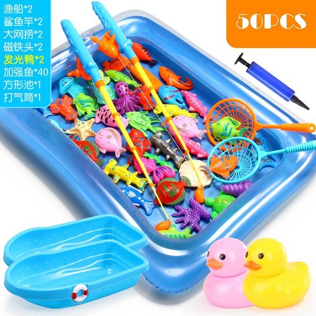Juego de pesca con imanes para niños, juguetes de agua con imán de piscina inflable, caña de pescar, 15-68 piezas: 50pcs with pool