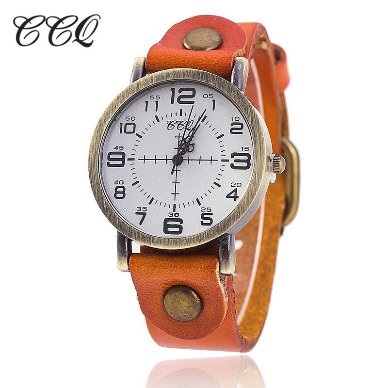 Ccq vintage ko læder armbåndsur kvinder armbåndsure afslappet luksus kvarts ur relogio feminino: Orange
