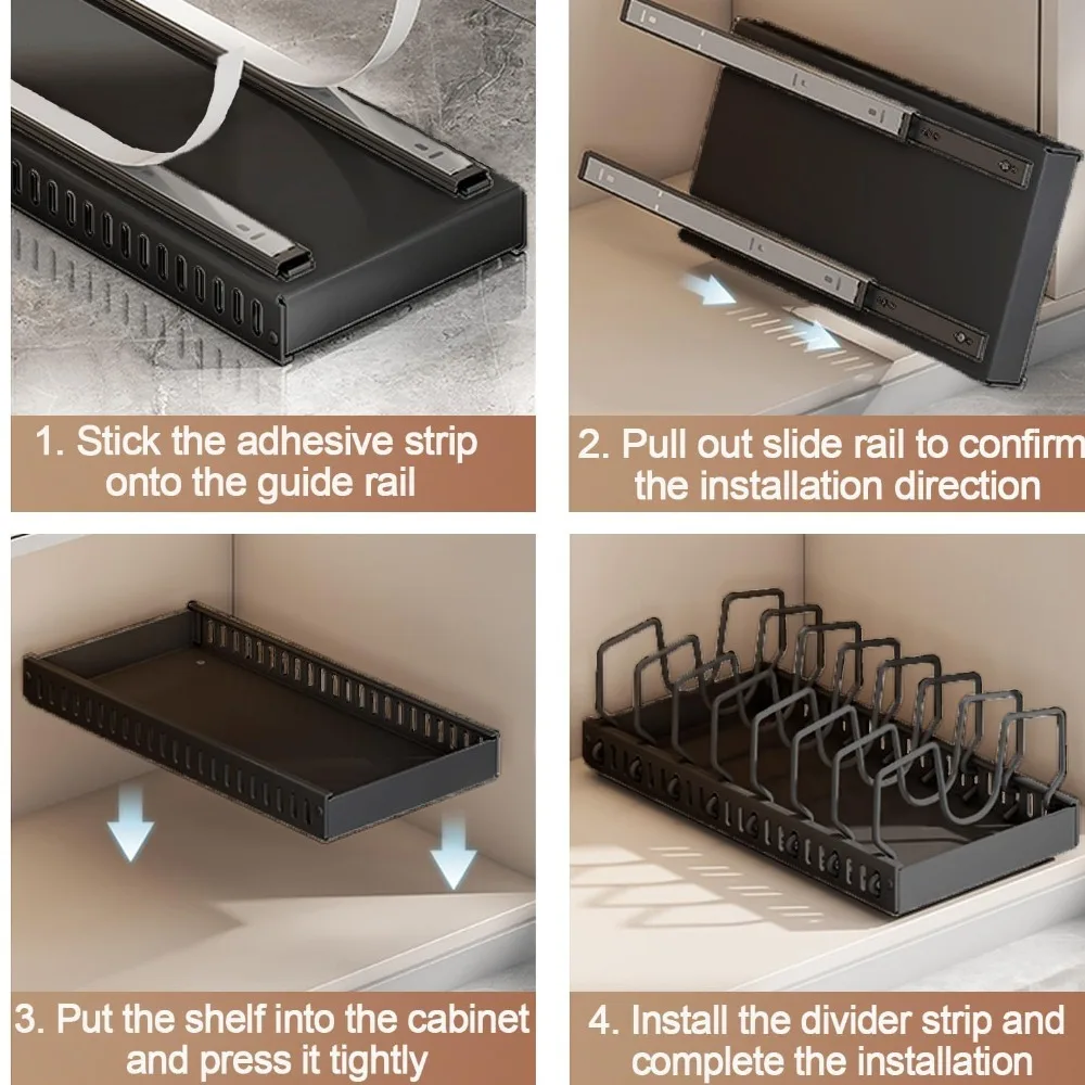 Estante extraíble para ollas de cocina, bandejas ajustables para armario, estante de partición para platos con rieles deslizantes, bandeja organizadora, estantes de almacenamiento para cajones