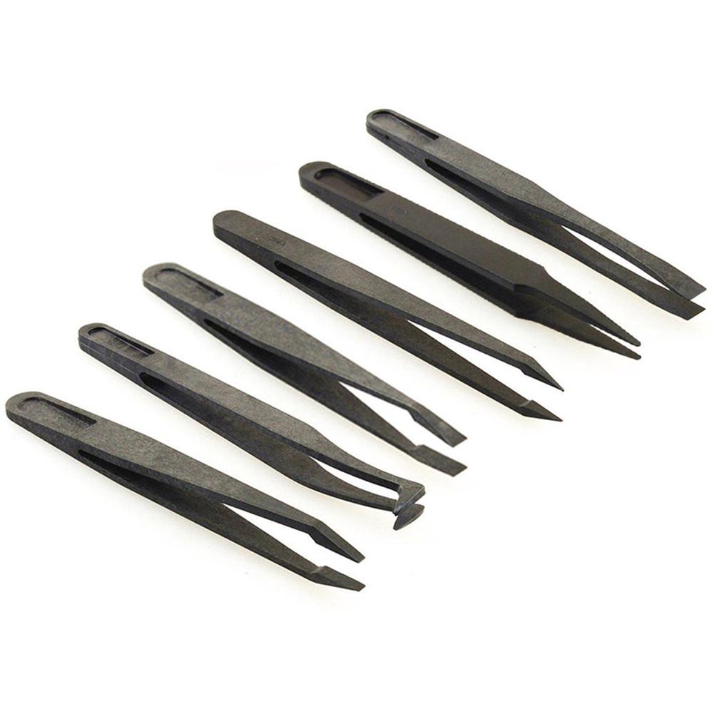 Juego de Herramientas antiestáticas de fibra de carbono negro, pinzas de plástico, punta plana, codo, boca ancha redonda