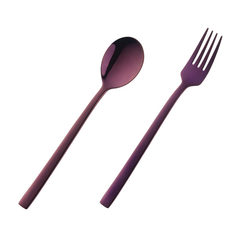 2PC Korean Spoon and Fork Set Stainless Steel Soup Spoon Blue Dinnerware With Long Handle Metal Gold Spoon And Fork: Dark purple 1 Set