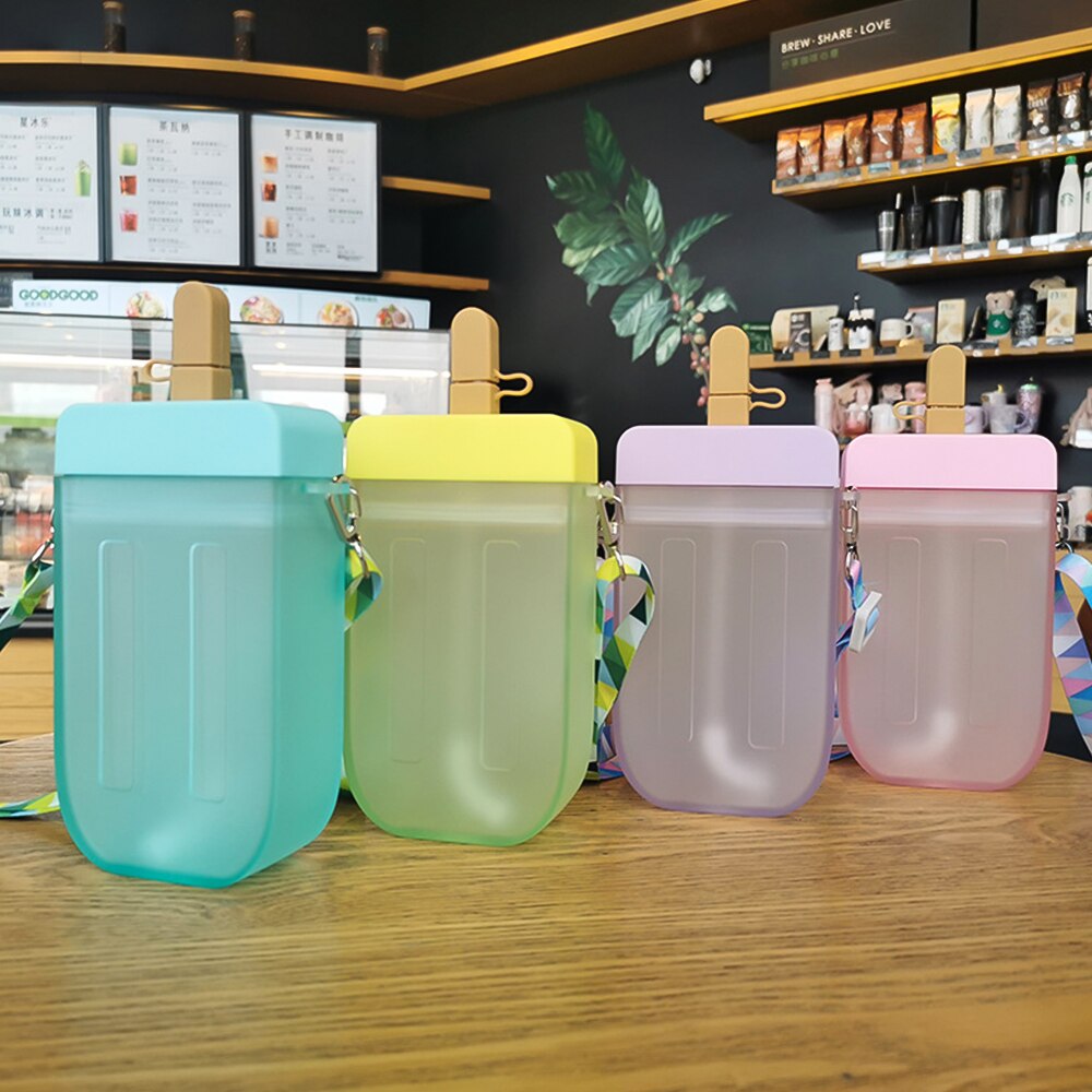 Cute Popsicle Ice Bar Water Bottle Transparent Juice Drinking Cup With Straw Strap Belt Popsicle Bottle With Straw Popsicle Wate