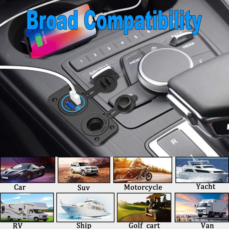 Dual USB Car Charger Quick Charge 3.0 USB Car Socket For 12V / 24 V Cars, Ships, Motorcycles, Trucks With Touch Switch Dropshipp