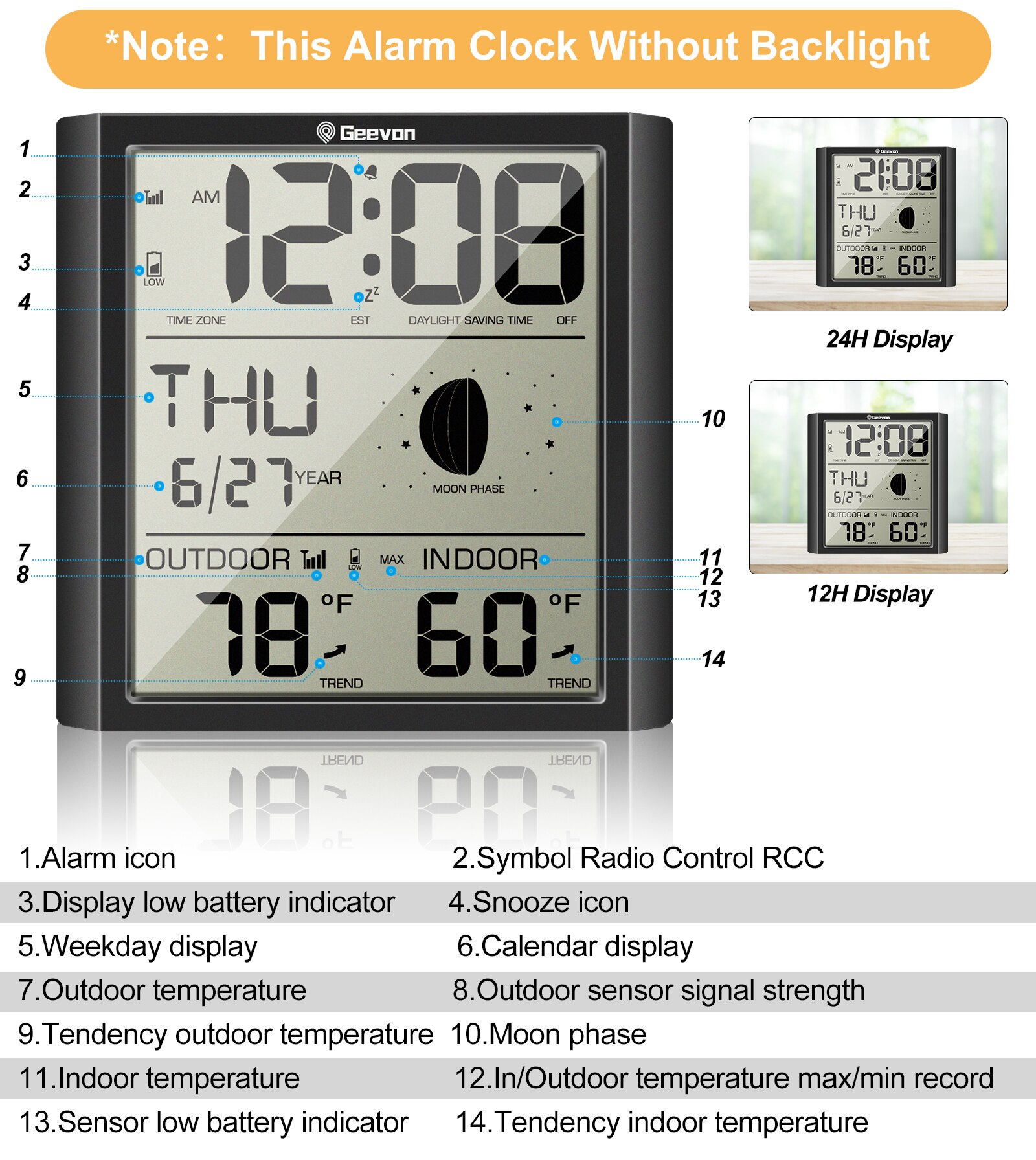 Geevon Alarm Clock Weather Station Indoor Table Watch With Temperature And Humidity Gauge Digital Moon Phase Snooze Desk Clocks