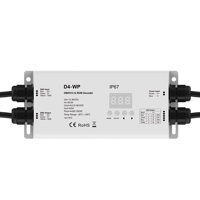 IP67 Waterproof DMX512 Decoder DC12V~36V 4CH*5A CV RDM DMX RGB/RGBW RDM Decoder Controller Digital display D4-WP