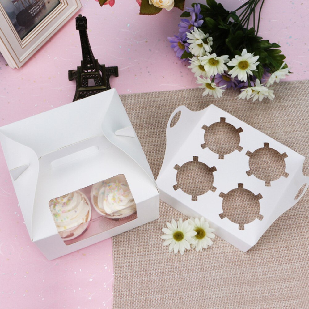 10pcs 4 Cavities Paper Cupcake Box Portable Dessert Containers Bakery Cake Carriers for Home Dessert Shop (Kraft): White