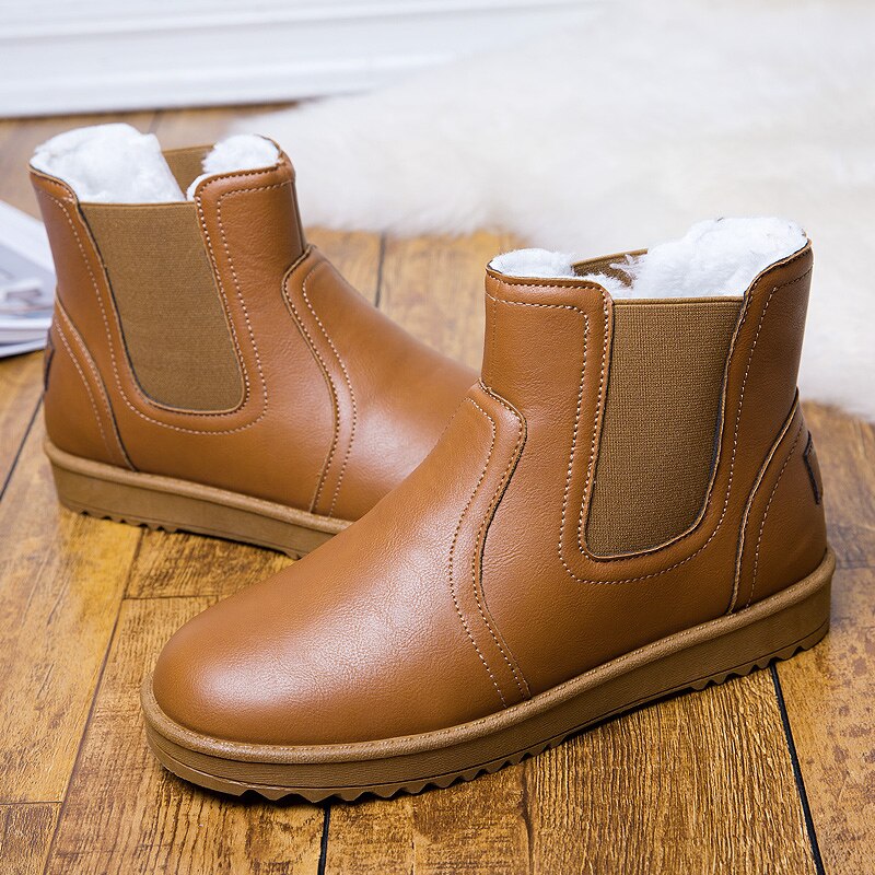 Classic Brand Men Sheepskin Leather Snow Boots Shearling Wool Fur Lined Winter Boots Keep Warm Shoes Waterproof Brown