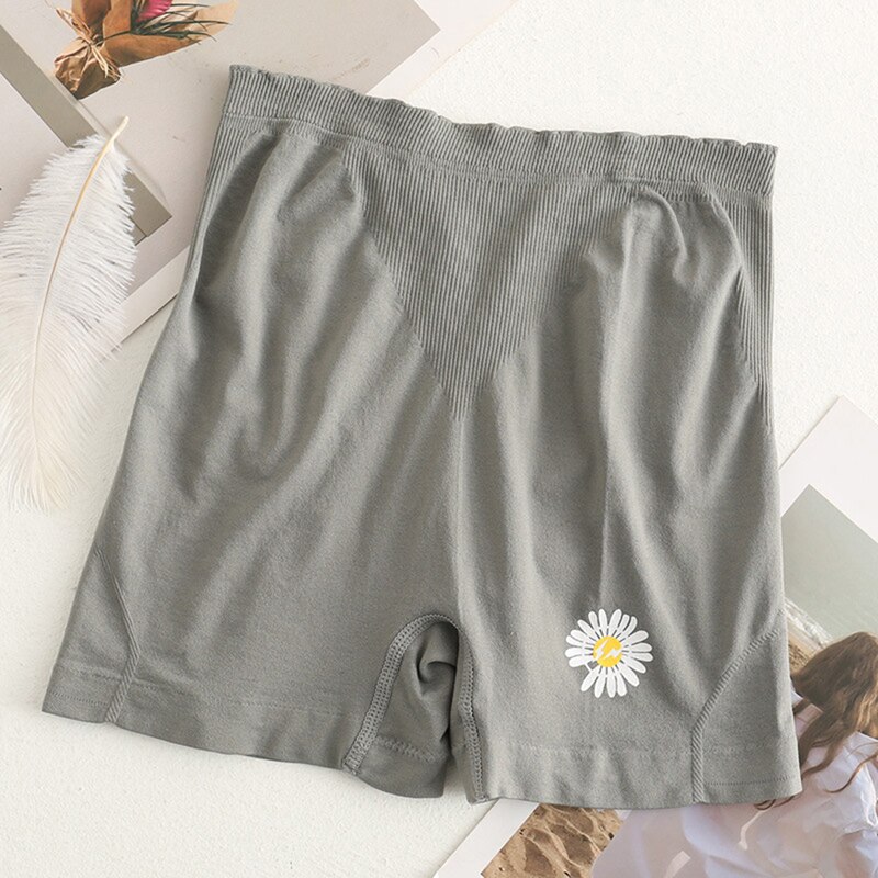 Women Summer Safety Shorts Skin-Friendly Shorts Daisy Flower Embroidery Ribbed Ruffles Lounge Shorts: gray