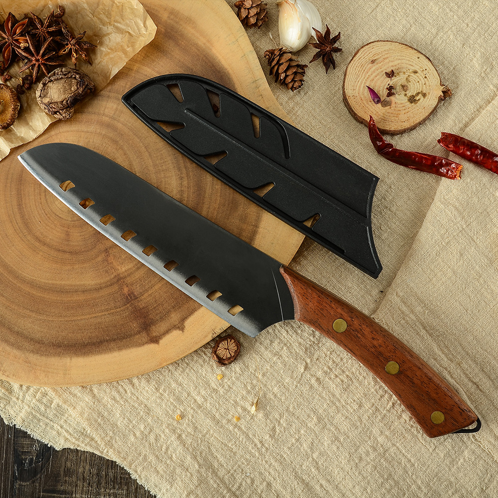 Damask Stainless Steel 5PCS Black Matte Hollow Blade Kitchen Knife Set Chef Knife Slicing Knife Wood Handle Kitchen Cleaver