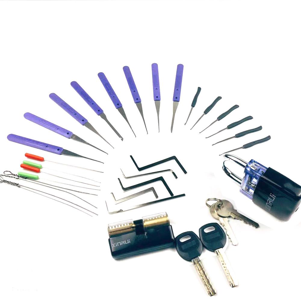 ! 2PCS Transparent Lock with 14pcs Broken Key Extractor Pick Set,2pcs Tension Wrench Tool Locksmith Kit: 5-H