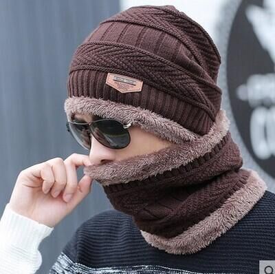 Casquette et écharpe de Ski en cuir | 2 pièces, chapeau et froid pour femmes et hommes, chapeau tricoté, Bonnet , Bonnet, bonnets: Scarf hat brown