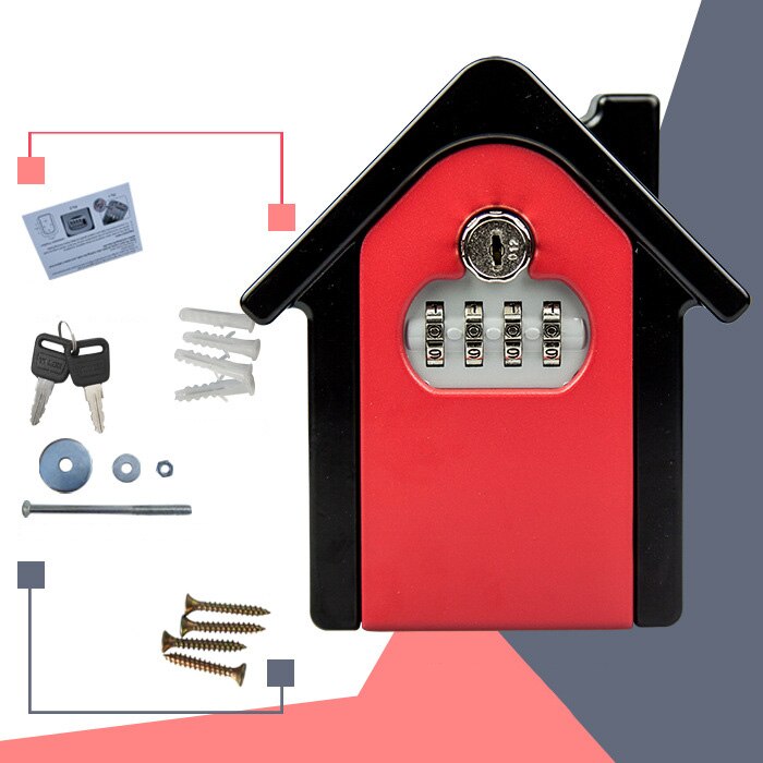 Storage Box Wall Mounted Combination Lock Box Key Safe Box Password &amp; Key Lock Home Family Outdoor Safety Keys&#39;: RED