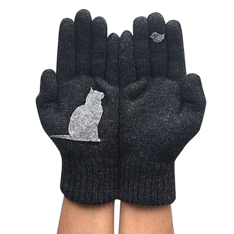 1Pair Women Girls Lovely Winter Warm Hand Protection Gloves Cartoon Cat And Bird Printed Gloves Mitten: Black