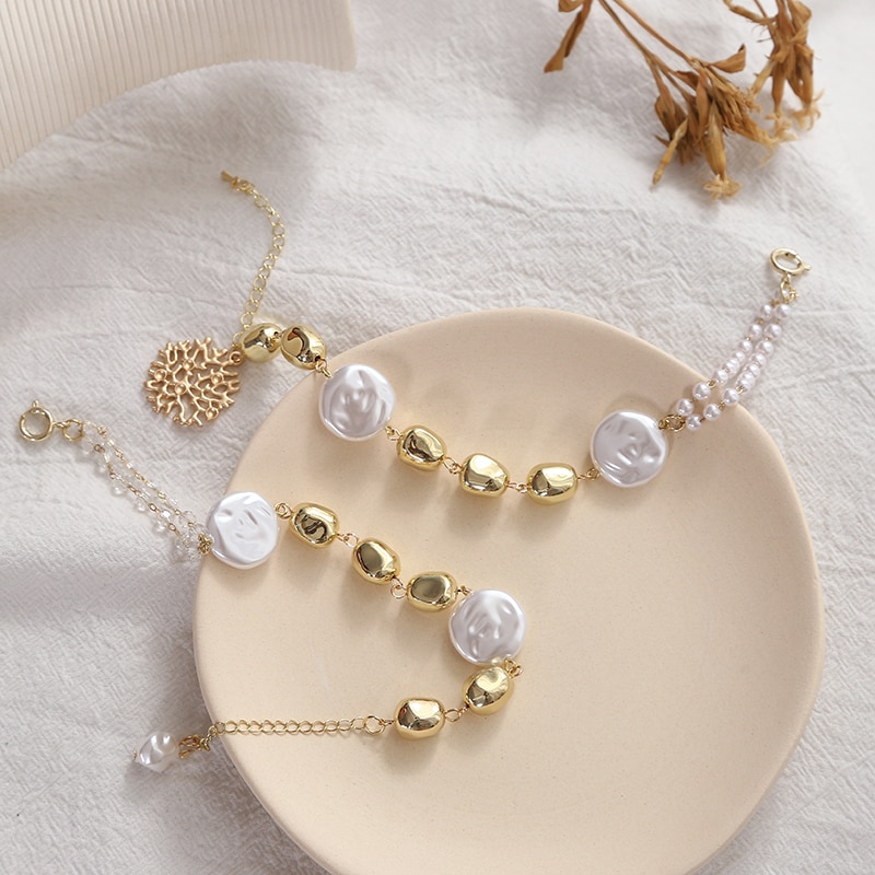 Gouden Kleur Charme Armbanden Voor Vrouwen Imitatie Parel Metalen Kralen Armbanden & Bangles Boho Enkelbanden Sieraden