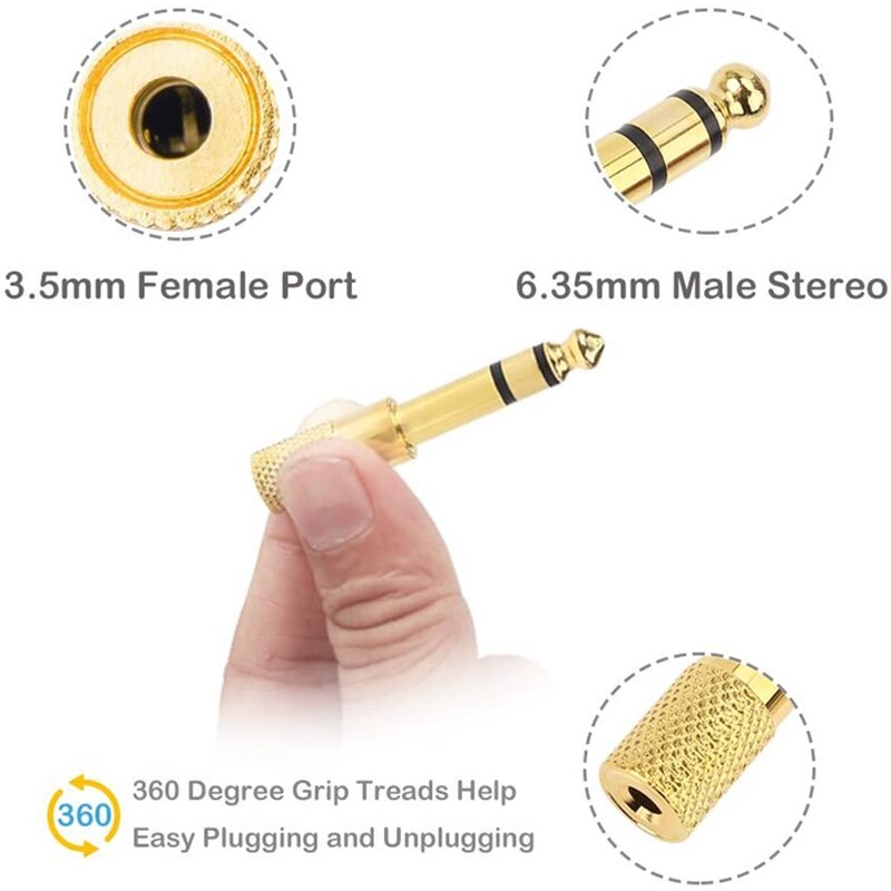 SEWS-Quarter Inch Adapter, 6.35mm (1/4 Inch) Male to 3.5mm (1/8 Inch) Female Headphone Jack Plug, Gold 6 Pack