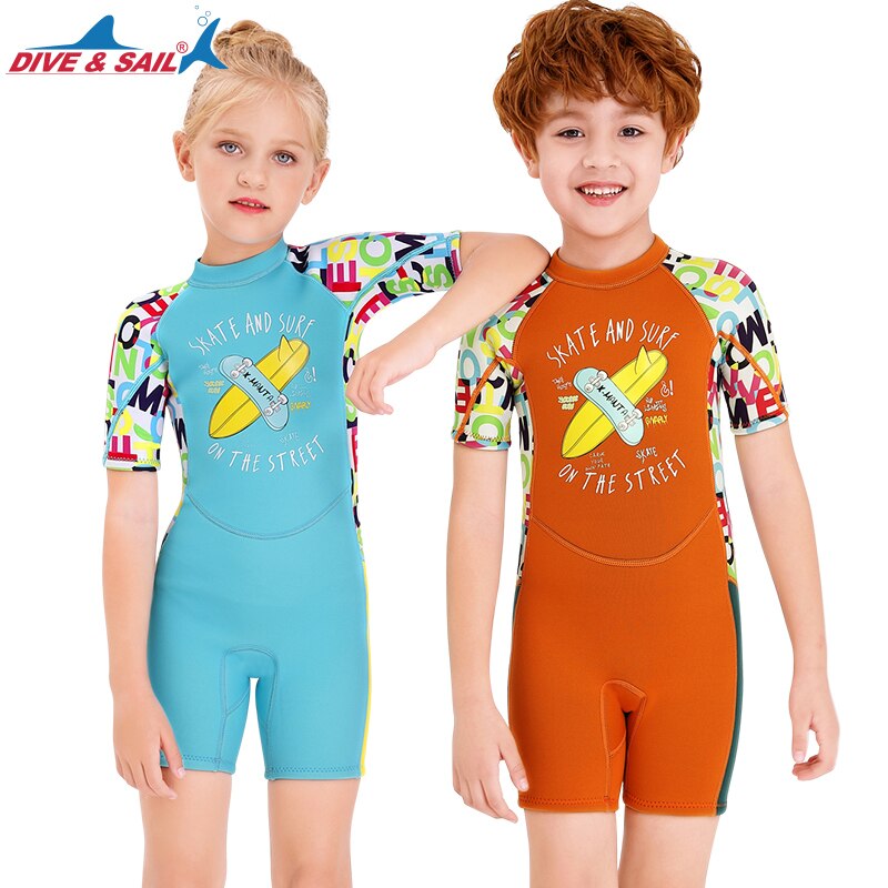 1set diving suit for kids 2.5mm Neoprene Shorty Wetsuit Swimming Boys Girls Sunscreen Surfing Scuba Diving Wet Suit Snorkeling
