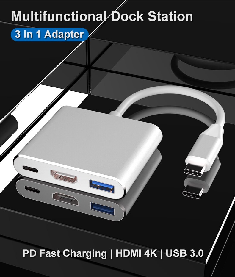 3 In 1 Adapter Usb 3.1 Type C Naar Hdmi + Usb 3.0 + Type C Hub