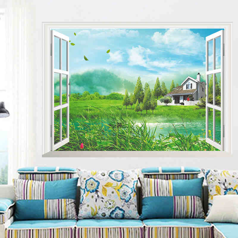 Natuur Bergen Lake Huis Boom 3D Window View Woonkamer Decoratie Creatieve Poster Muurschildering Wallpaer Muursticker Decor