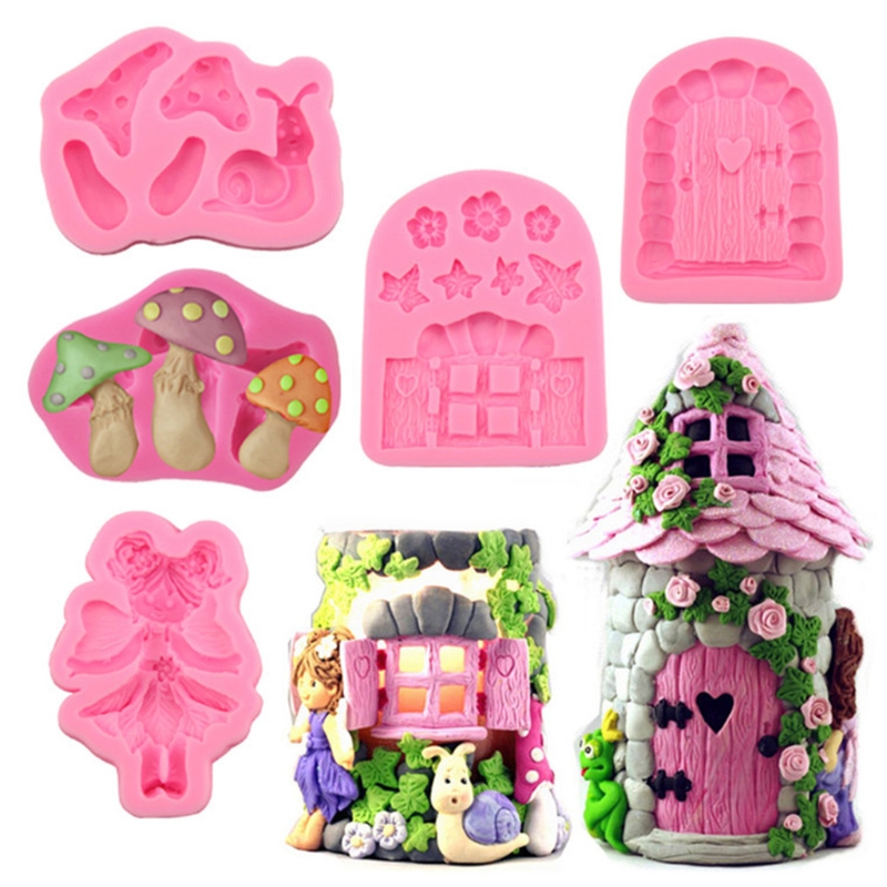GXMA Handmade DIY Fairy Tale Wooden Door Wooden House Girl Snail Stone Wall Castle Modeling Fondant Silicone Mold Clay Gadget