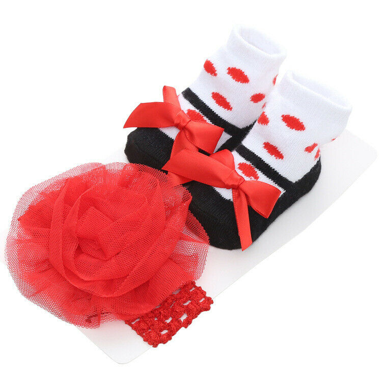 Newborn Solid Color Lace Baby Socks Bow Princess Cute Baby Socks+ Hair Band set