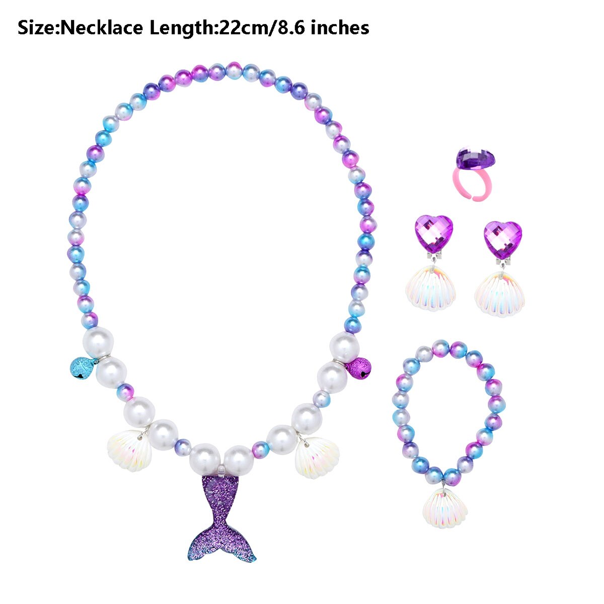 5pc barn jente paljett havfrue hale perle skall anheng halskjede armbånd øre klips ring sett jente havfrue tilbehør med bjeller