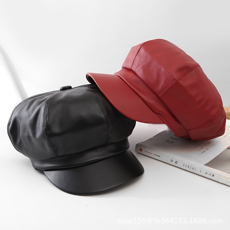 Boina T-MAO de cuero Pu para hombre y mujer, gorro liso Vintage, , Color sólido, para invierno