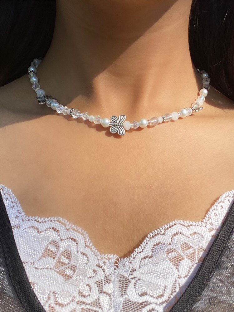 Fairy butterfly pearl pearl fairycore necklace pearl necklace beautiful glass bead necklace