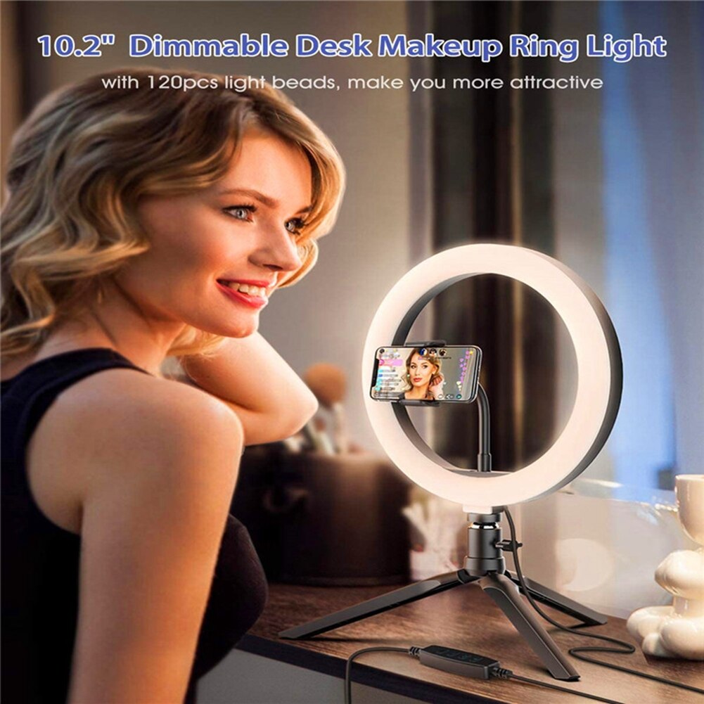 10.2 Inch LED Ring Light Dimmable USB Selfie Filled Light 3 Modes and 11 Brightness Levels With Phone Holder and Tripod