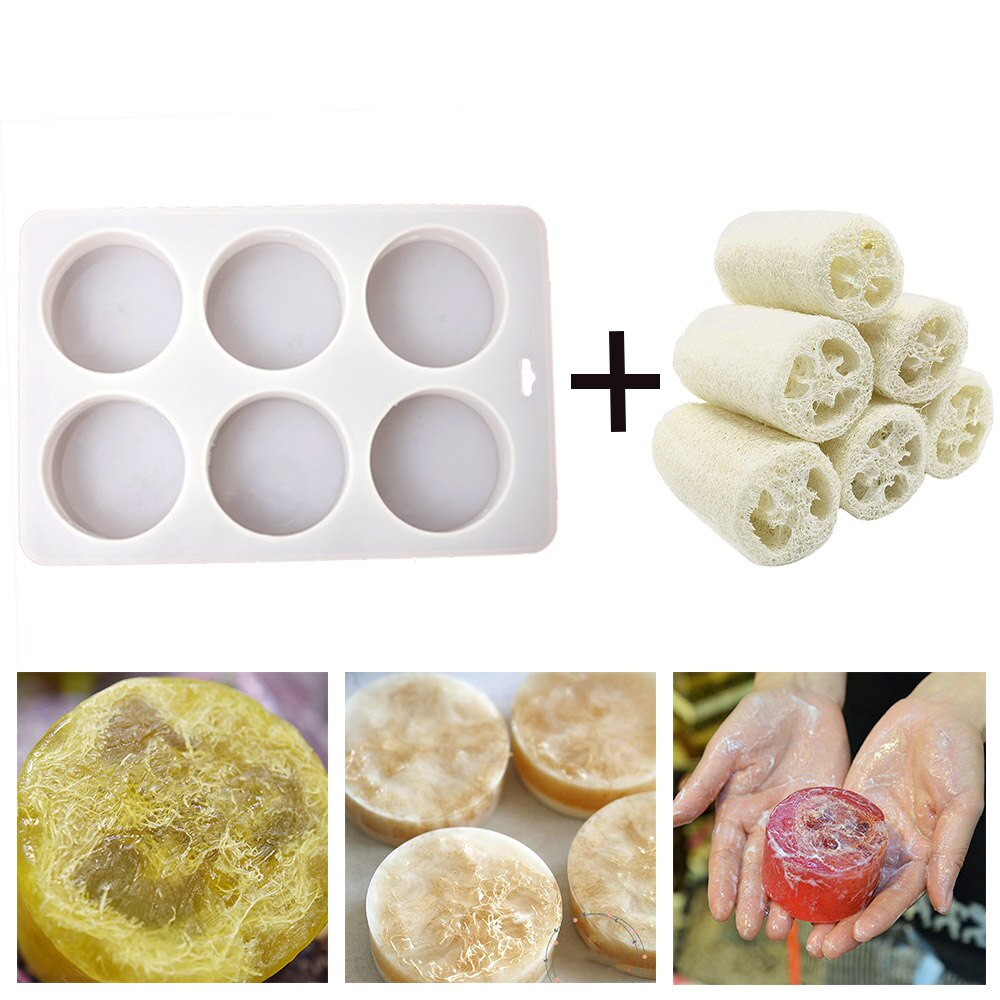 Loofah sæbesæt runde silikone skimmel med 6 stk natur tør loofah til fremstilling af sæbe forsyningssæt eksfolierende sæbeskum bobler: Default Title