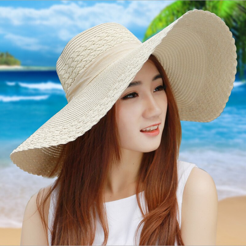 Sommarhatt dam stråhatt med stor brätte solfloppig bred brätte hattar pilbåge hopfällbar strandmössa gorros mujer verano