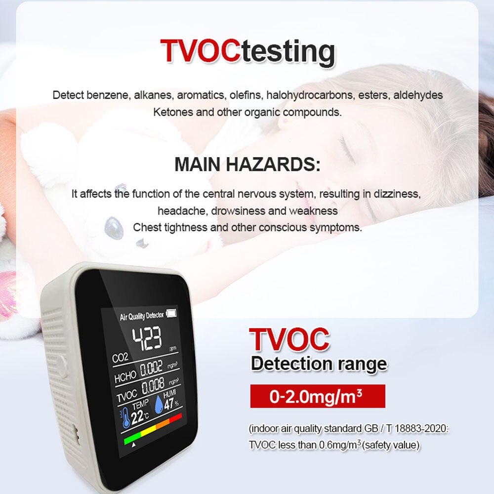 Air Detector CO2 Meter CO2 Tester Carbon Dioxide TVOC Formaldehyde Value Electricity Quantity Temperature Humidity meter