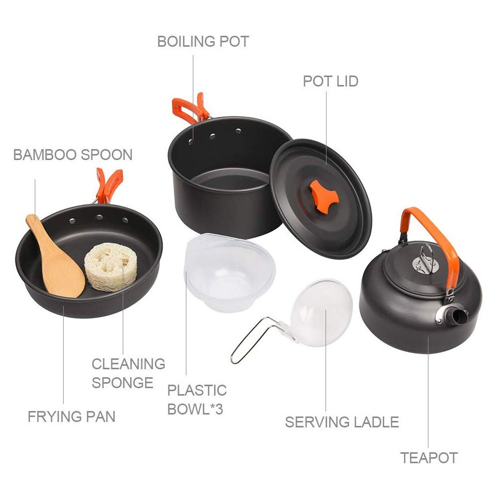 Vilead draagbare kampeerset met pot, pan en waterkoker van aluminiumlegering, servies voor buiten, kookgerei, 3 stuks/set, theepot, kookgereedschap voor picknick en barbecue.