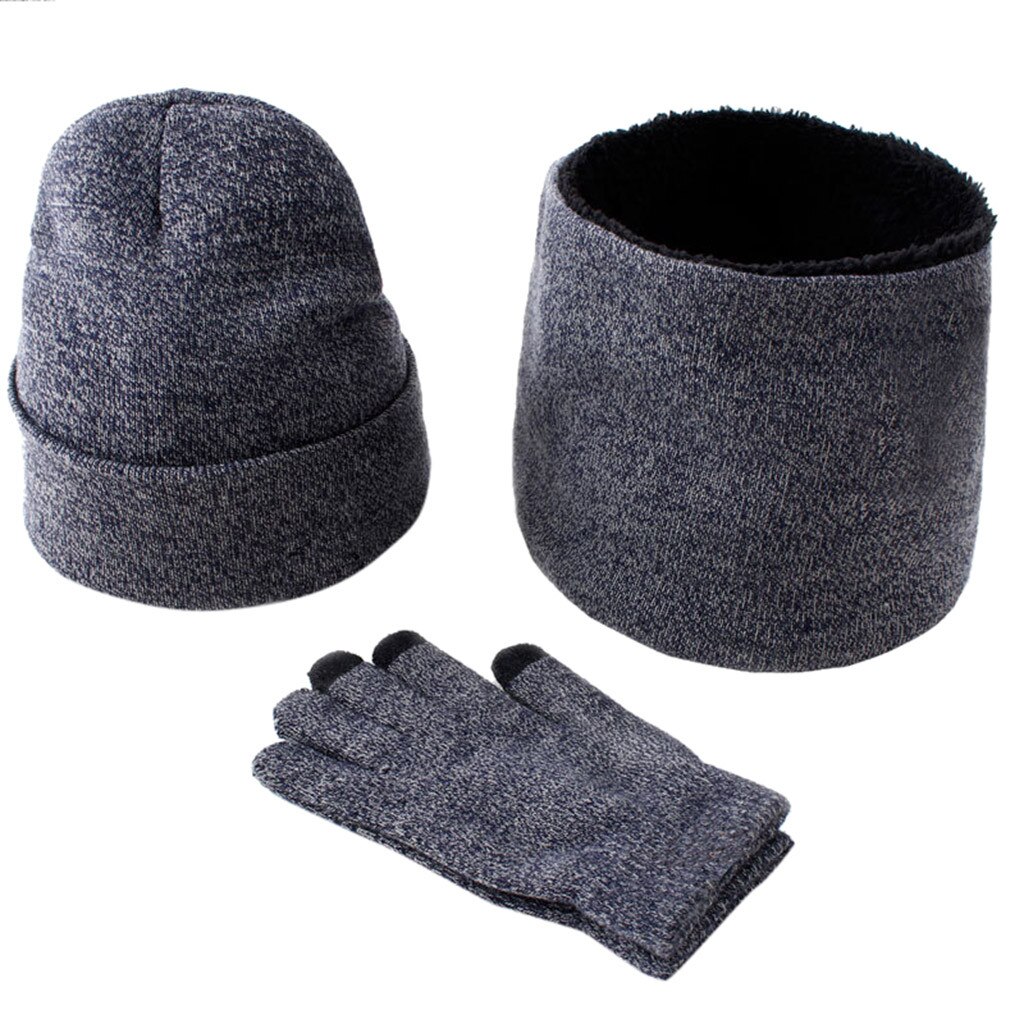 3 pièces ensemble de gants écharpe MenHat bonnet czapka i komin tricotin шаска караром casquette en tricot d'hiver coupe-vent épais chapeau écharpe ensemble # D: Navy