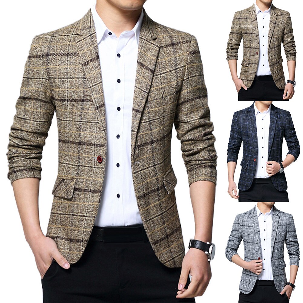Salg! herre plaid revers slim fit blazer jakke frakke business jakke med én knap herre blazer bryllup dimission jakkesæt