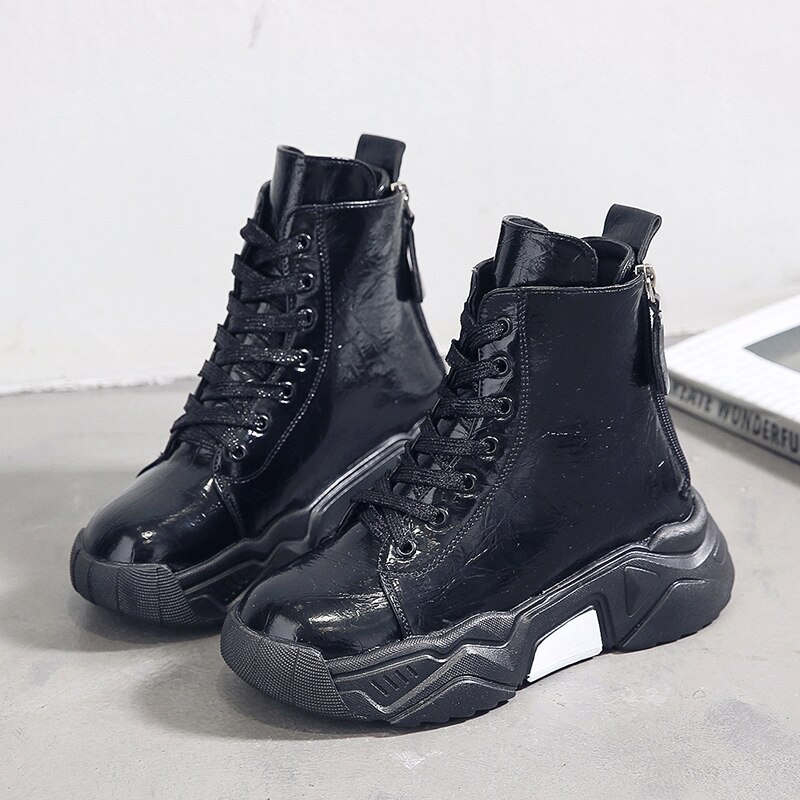 Height Increasing Sneakers Platform Shoes Woman Casual Shoes Thick Sole Waterproof Back Zipper Lace-up Bling Women Shoes I035