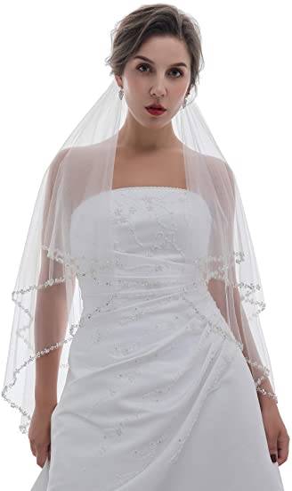 2T 2 Tier Pearls Silver Beaded Bridal Wedding Veil Bridal Veils