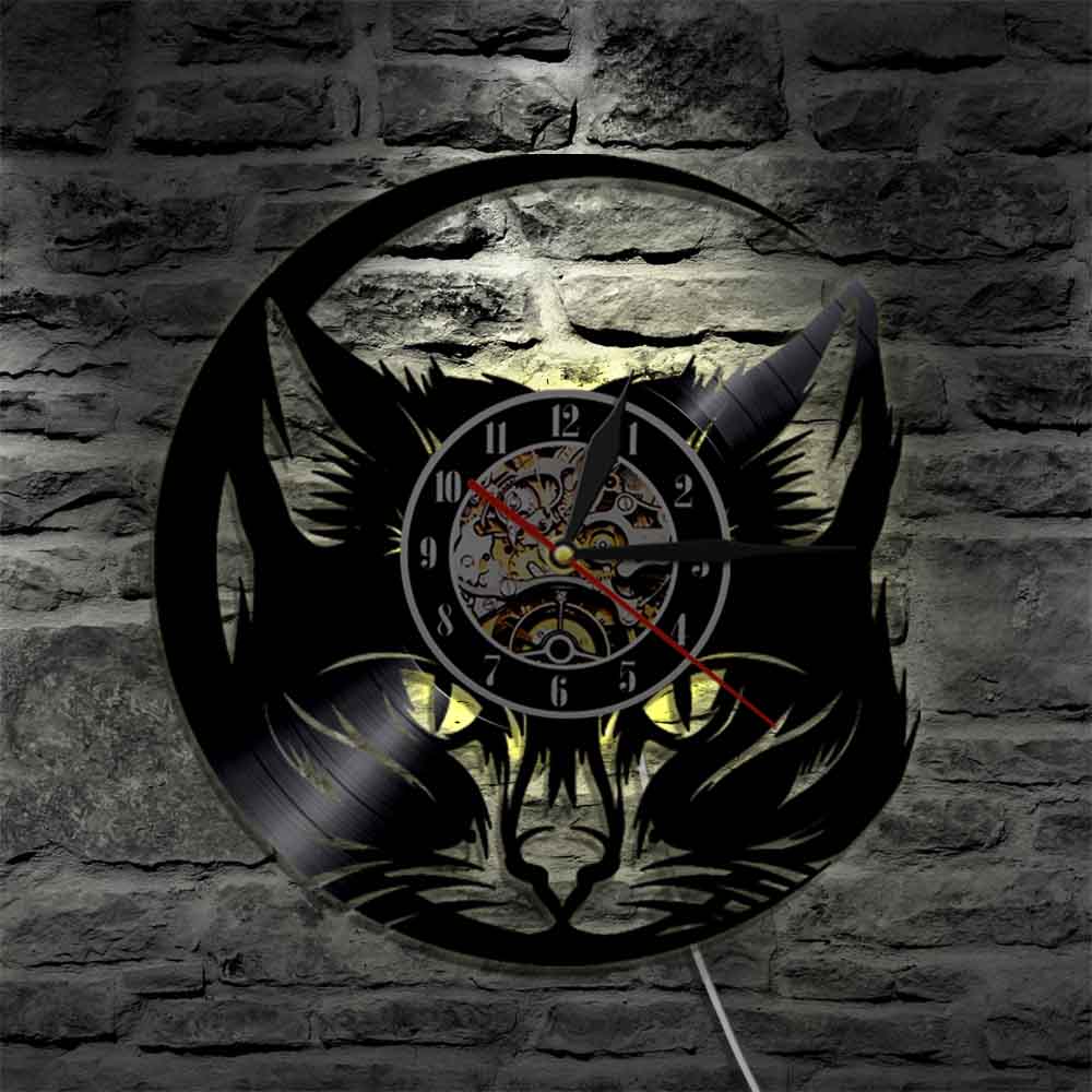 Kitten Head Cat Vinyl Record LP Wall Clock Black Cat Cat Lover Home Decorative Lighting Wall Watch Non-Ticking Glowing Led Lamp