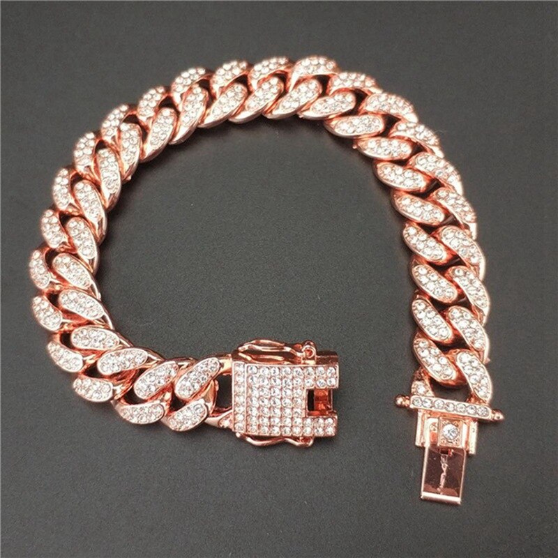 Mannen Zirkoon Curb Cubaanse Link Armband Hip Hop Sieraden Rose Goud Zilver-Plaat Kleurrijke Dikke Zware Materiaal Iced Keten armband: RGD