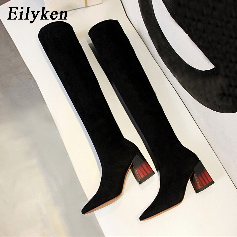 Eilyken – cuissardes à talons épais pour femme, bottes chaudes à enfiler, en daim élastique, cuissardes hautes, taille 34 à 40, collection automne-hiver 2022