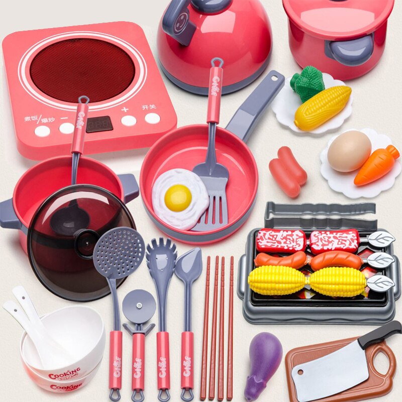 Kinderen Speelhuis Keuken Inductie Fornuis Speelgoed Meisje Koken Servies Rijstkoker Early Education Ouder-kind Interactie: Rose Red B 40pcs