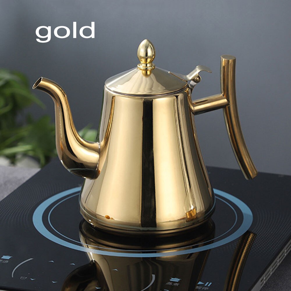 Bouilloire à eau en acier inoxydable, plus épaisse, dorée et argentée, théière avec filtre, pour hôtel, café, Restaurant, cuiseur à Induction, bouilloire à thé: 1L-gold