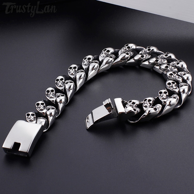 Trustylan Schedel Armbanden Voor Mannen Shiny Rvs Skeleton Charm Link Chain Heren Armbanden Mannelijke Gothic Sieraden