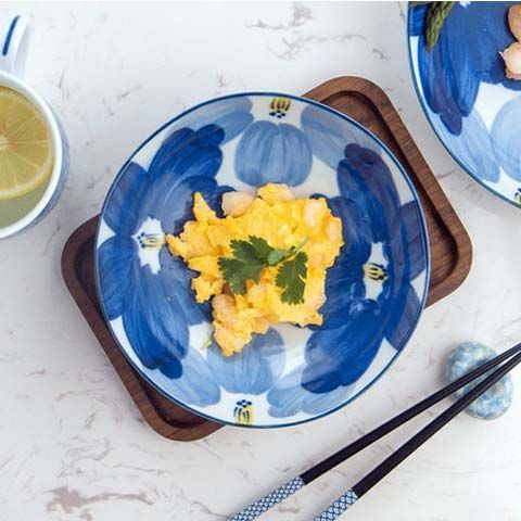 Japanese-style tableware set with blue dyed flowers, bowls and plates, Japanese rice bowls, plates and soup bowls dishes