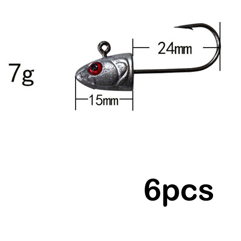 Señuelo de cabeza suave de plomo, aparejo de pesca de lubina, tipo pez 3D, Ojo de 3,5g 5g 7g 10g, cebo de gusano blando de silicona con púas, herramienta de gancho, 6 uds.: 7g