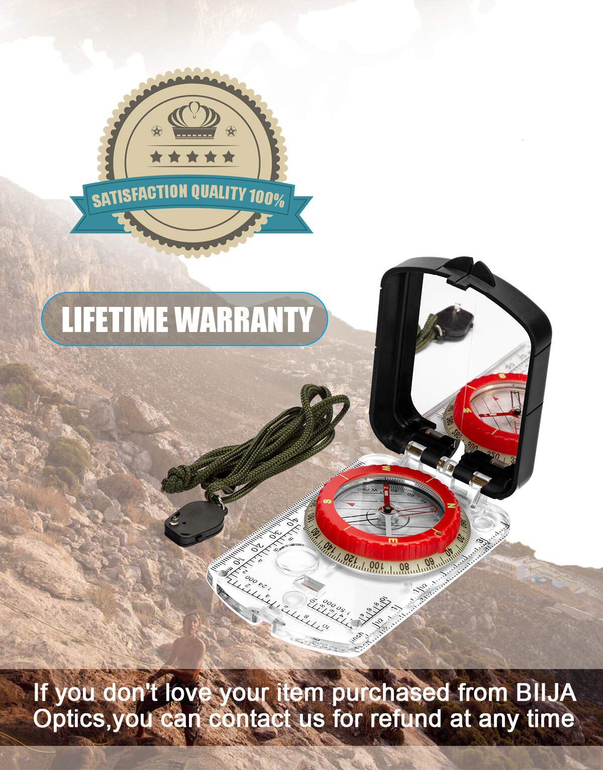 Orienteering Map Compass -Sighting Mirror Compass with Adjustable Declination,Clinometer and LED light for Hiking, Camping