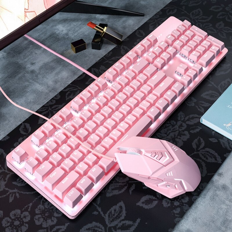 Pink Real Mechanical Keys and Pink Disc Mouse Set Cute Girls E-Sports Game for PC/Laptop/MAC